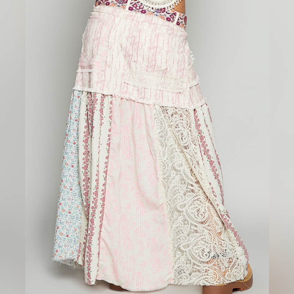 033 POL The Moonveil Patchwork Maxi Skirt - Pink and Cream - Picture 3 of 5